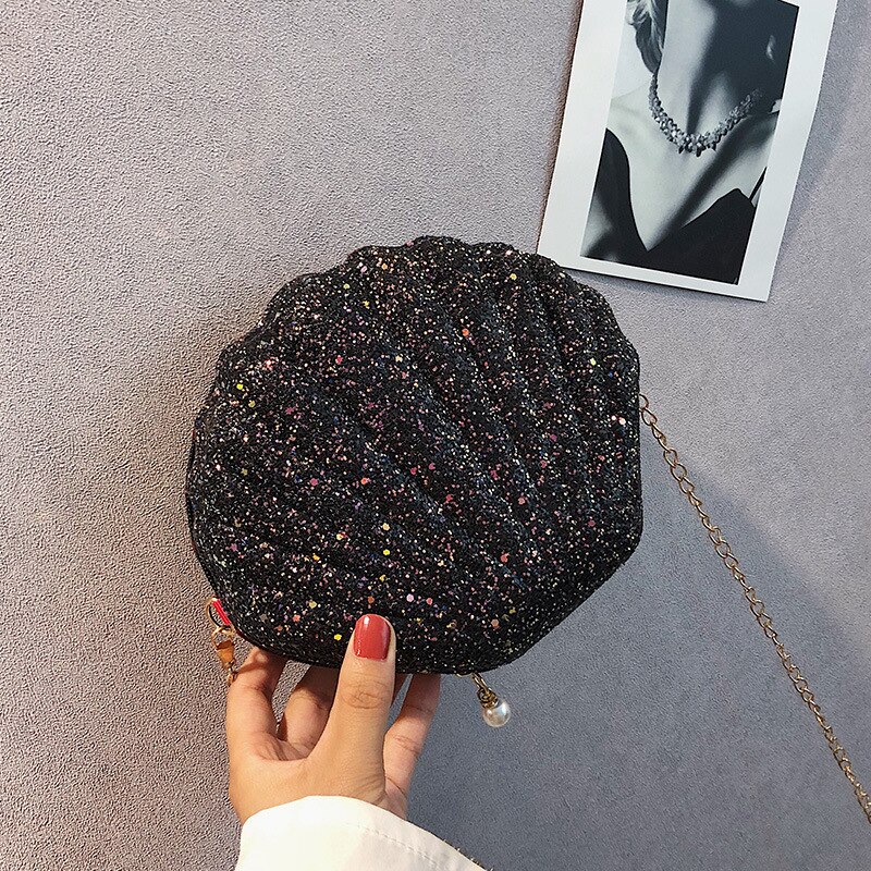 Chain Sequined Shoulder Bag for Women Pu Leather Handbags Cute Shell Shape Purse Mini Bag Bolsa Feminina Messenger Bag