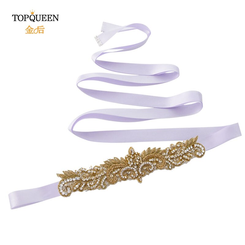 Topqueen  s375- g gull rhinestone midjebelte kvinner beaded bryllup belter india blonder brude sash belte gull belte for formell kjole: Lavendel