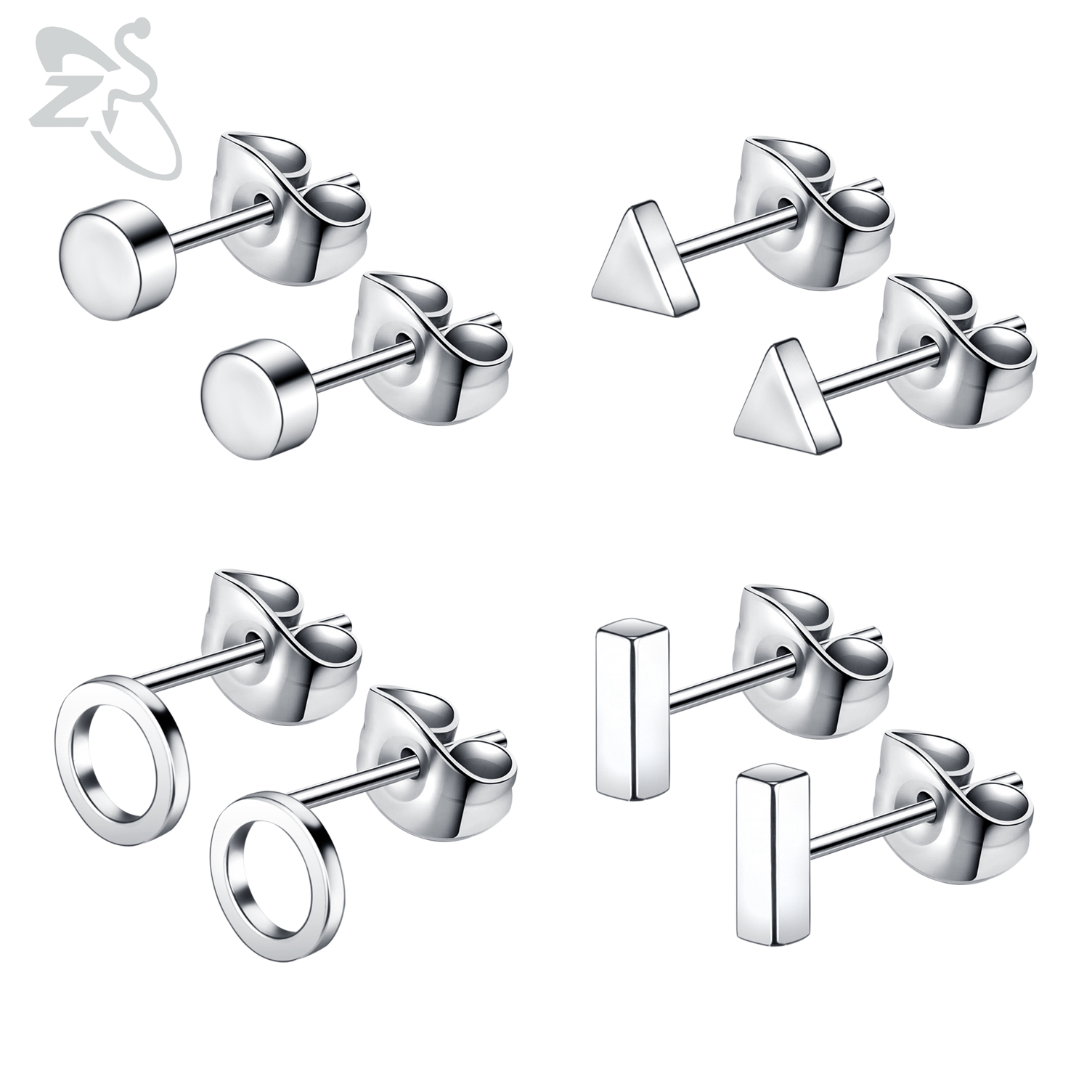 ZS 4-9pairs/lot CZ Crystal Stud Earring Set 3 Color Round Heart Star Stainless Steel Ear Helix Tragus Cartilage Piercing Jewelry: Style 3-Silver