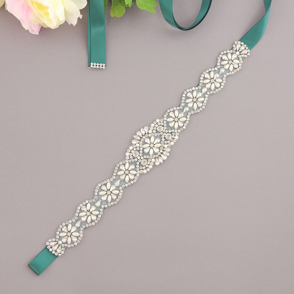 S161-S Luxe Bruid Jurk Riemen Met Strass Bruids Bruiloft Accessoires Riem Voor Vrouwen Trouwjurk Parel Riem Formele Riemen: Green