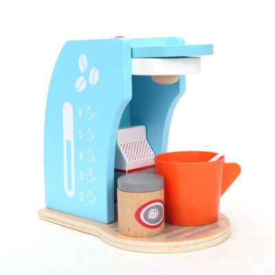 Børn træ foregiver leg sæt simulation brødrister brød maker kaffemaskine kit spil træ mixer køkken rolle legetøj børn: Kaffe-blå