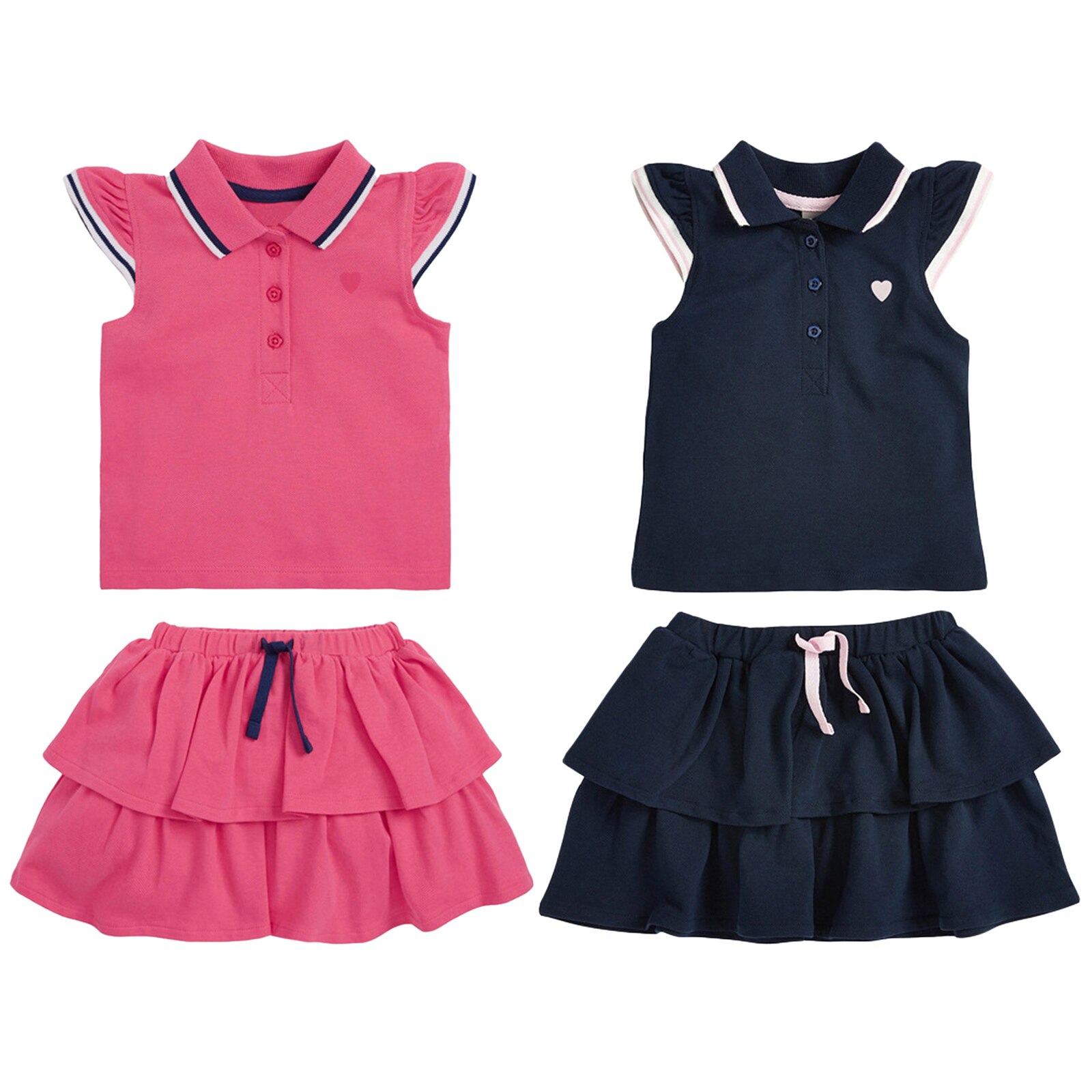 2Pcs Kids Meisjes Katoen Tennis Rok Pak Casual Sport Outfit Revers Kraag Flutter Mouwen Hart Print Tops En Gelaagde rok Set