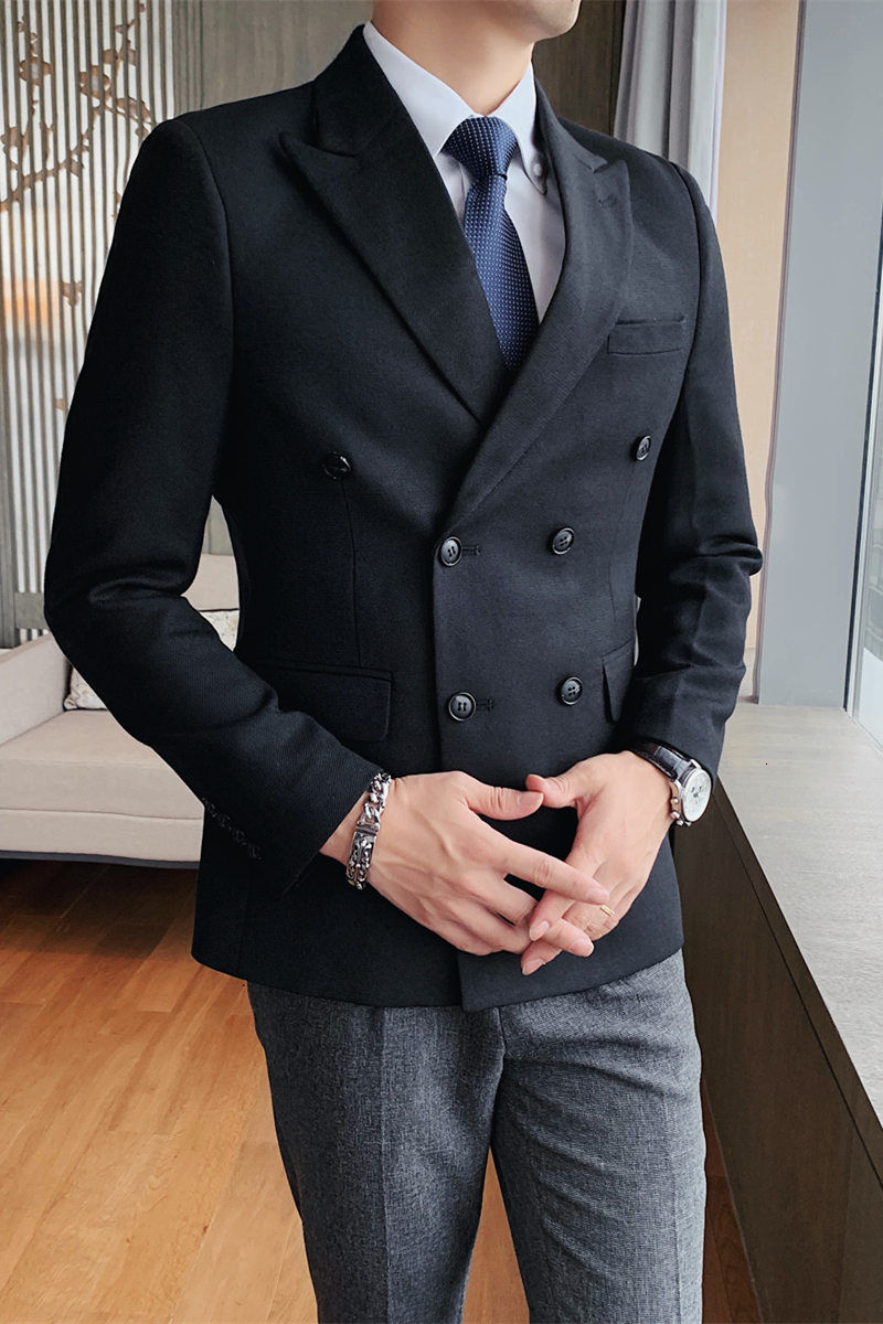 Grey Black Tweed Blazer Men Double Breasted Slim Fit Casual Blazer Hombre Retro Solid Suit Jacket Men Social Business Outfit Men