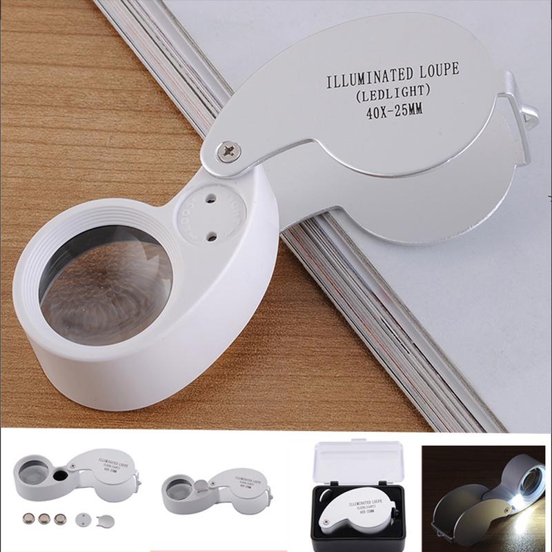 Mini lupa de 40x de gran potencia para joyería, lupa para ojo, tienda de joyas, lupa plegable para joyería con luces LED plateadas