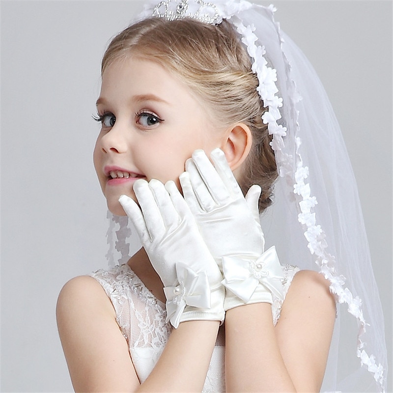Kid pige søde hvide bryllupshandsker bowknot prinsesse blide formelle festhandsker blomsterpiger