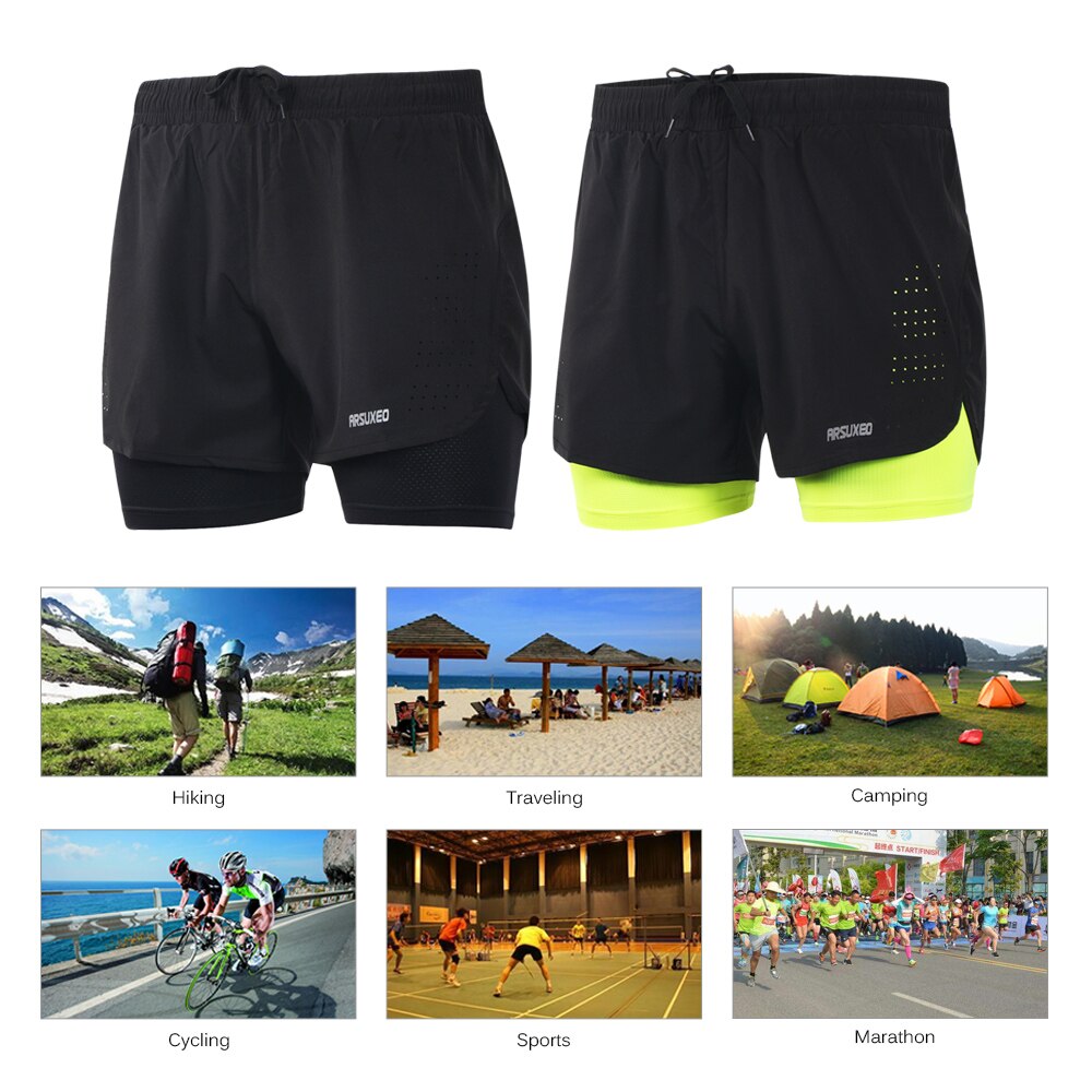 Arsuxeo B179 Heren Running Shorts Jogging Sneldrogend 2-In-1 Ademend Actieve Training Oefening Fietsen Shorts langer Liner