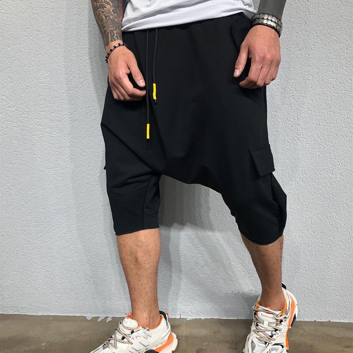 Darringls Pantalon japonais Kirakuco Baggy léger pour homme - Pantalon de yoga rayé - Pantalon de clown élégant avec poches - Style rétro - Motif blocs de couleurs, jaune, S
