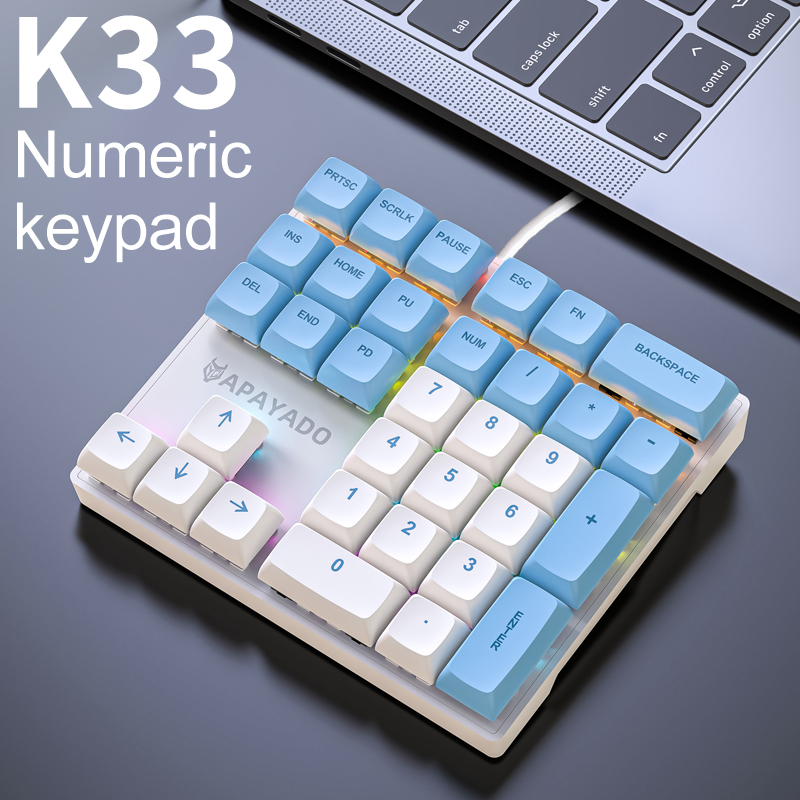 APAYADO-K33 Mini teclado numérico, eixo mecânico azul, RGB,PBT Keycaps, apto para o governo, engenharia, impostos, K33: Azul marinho / Interruptor azul
