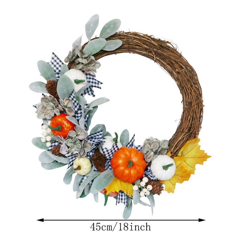 Artificial Fall Wreath, Autumn Wreath with Leaves Pumpkin Pine Cone and Berries, for Front Door Thanksgiving Decoration