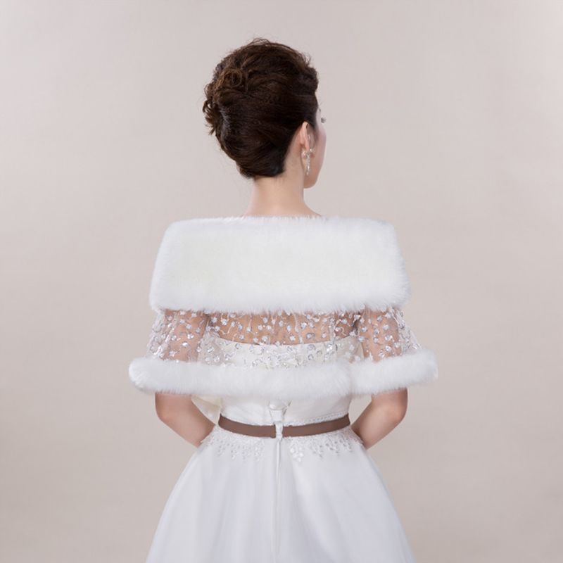 Bruid Bruiloft Sjaal Herfst Winter Pluche Kant Strass Sjaals Cape Sjaal