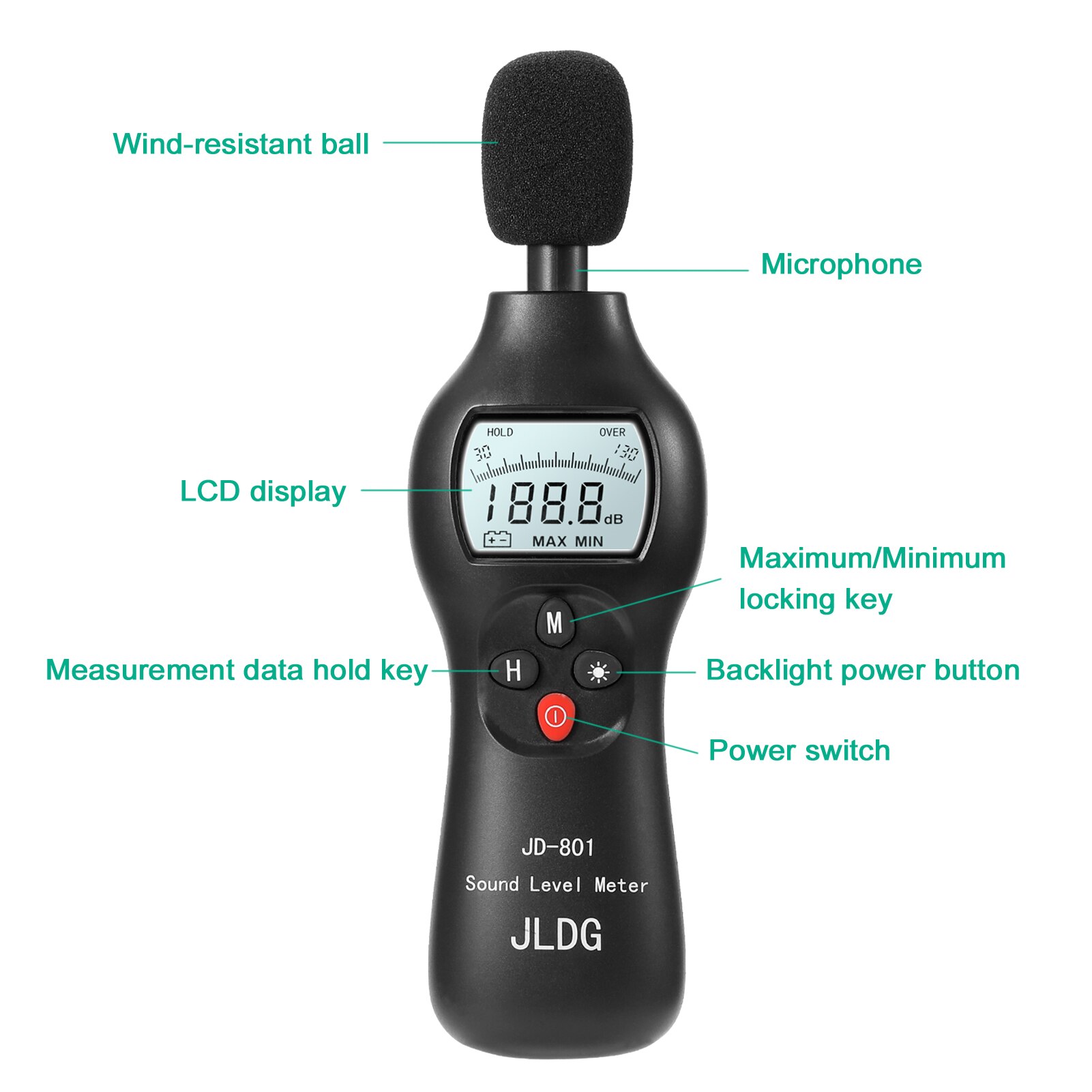 Digital Noise Detector Mini Lightweight High Accuracy Decibel Monitoring Device Sound Level Meter with Backlight ON/OFF Function