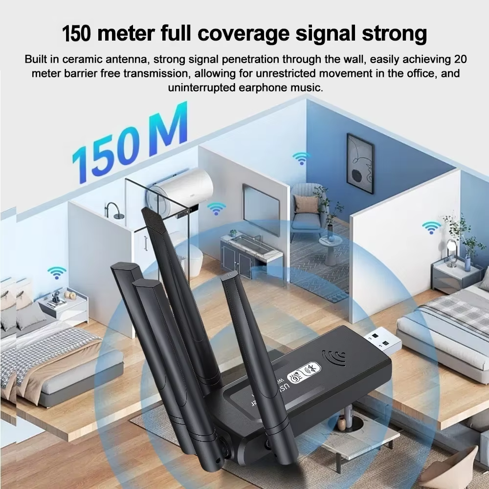 1300 Mbit/s WiFi-USB-Adapter WiFi6 Bluetooth 5.4 Dualband-Netzwerkkarte 2,4 G + 5,8 GHz 4 Antennen USB-Funkempfänger für PC/Laptop