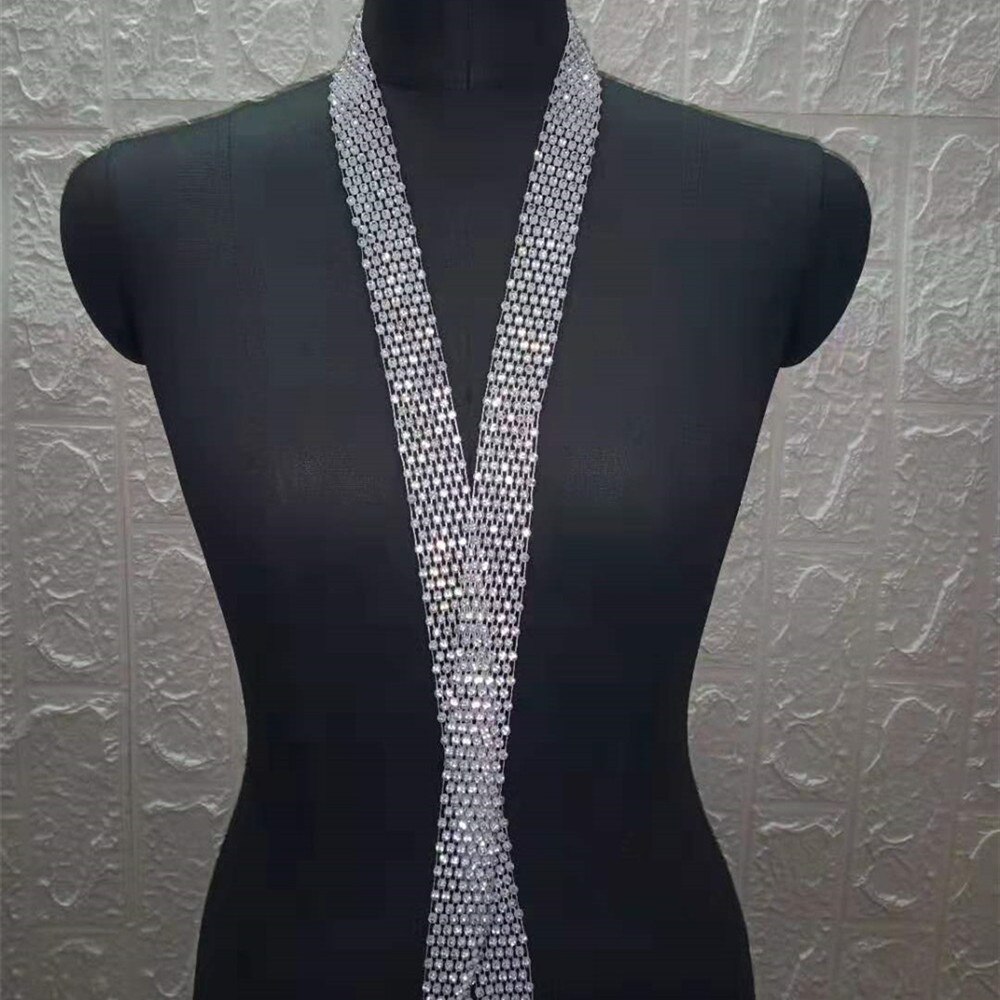 Bling lange tørklæde halstørklæder rhinestone slips choker halskæde til kvinder luksus krystal slips krave halskæde smykker: Hvid