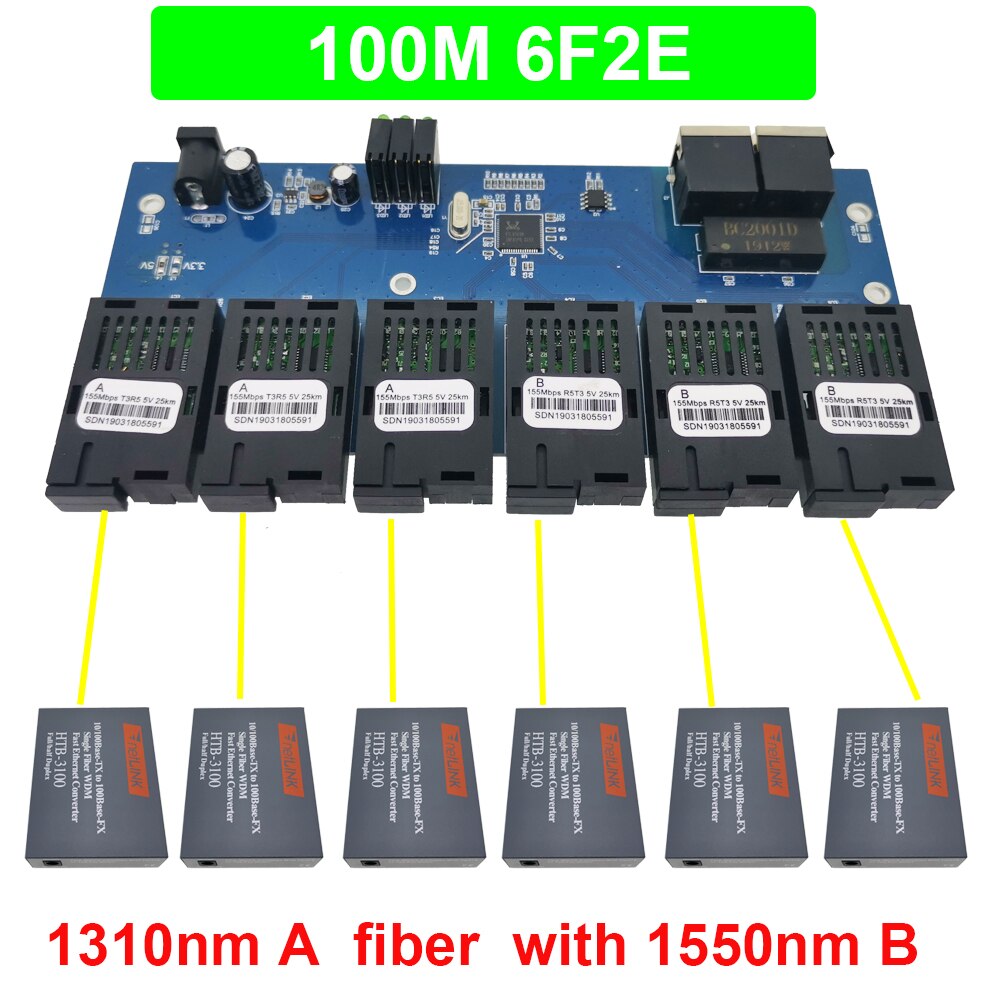 6F2E 10/100M Fast Ethernet switch Converter 25KM Ethernet Fiber Optical Media Converter Single Mode 2*RJ45 and 6*SC fiber Port: 6A