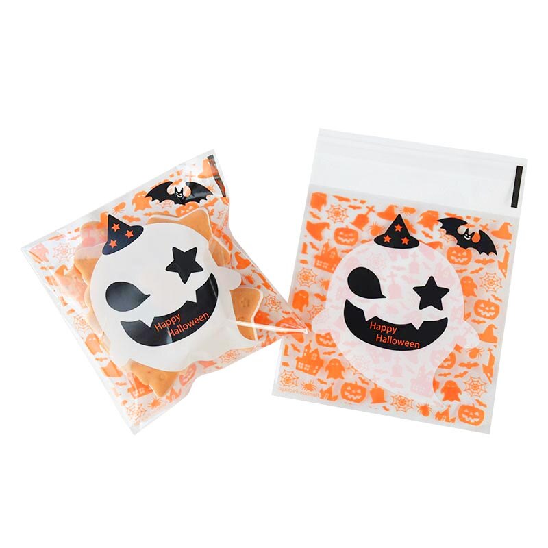 50 kpl 10*10cm onnellista halloween-pussia keksi-karkkipussi muovipakkauspussit kekseille välipala halloween-juhlien sisustustarvikkeet: B06