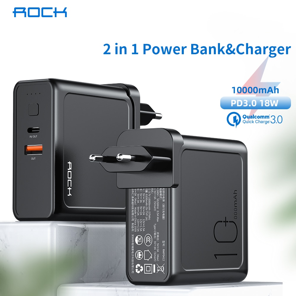 ROCK 18W PD Fast Power Bank 10000mah EU Foldable 2 in 1 PD 3.0 QC 3.0 USB Type C Charger Charging Powerbank External Battery