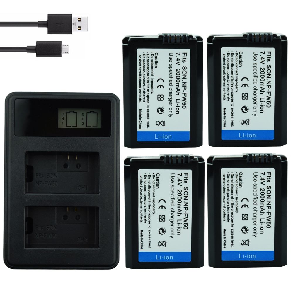 4 * NP-FW50 NP FW50 FW50 Batterij + LCD USB Dual Charger voor Sony A6000 5100 a3000 a35 A55 a7s II alpha 55 alpha 7 A72 A7R Nex7