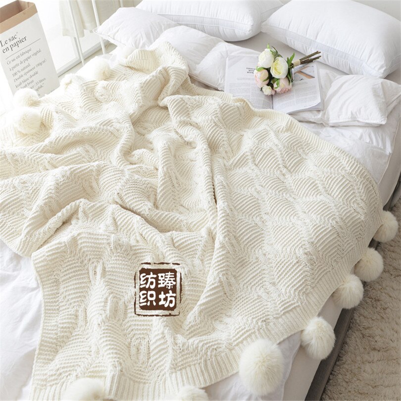 Gestrickten Decke Sofa Werfen Decken Baumwolle Pompom Baby Decken Häkeln Decke Für Bett Sofa Abdeckung Gestrickte Teppich 160*130cm: Beige