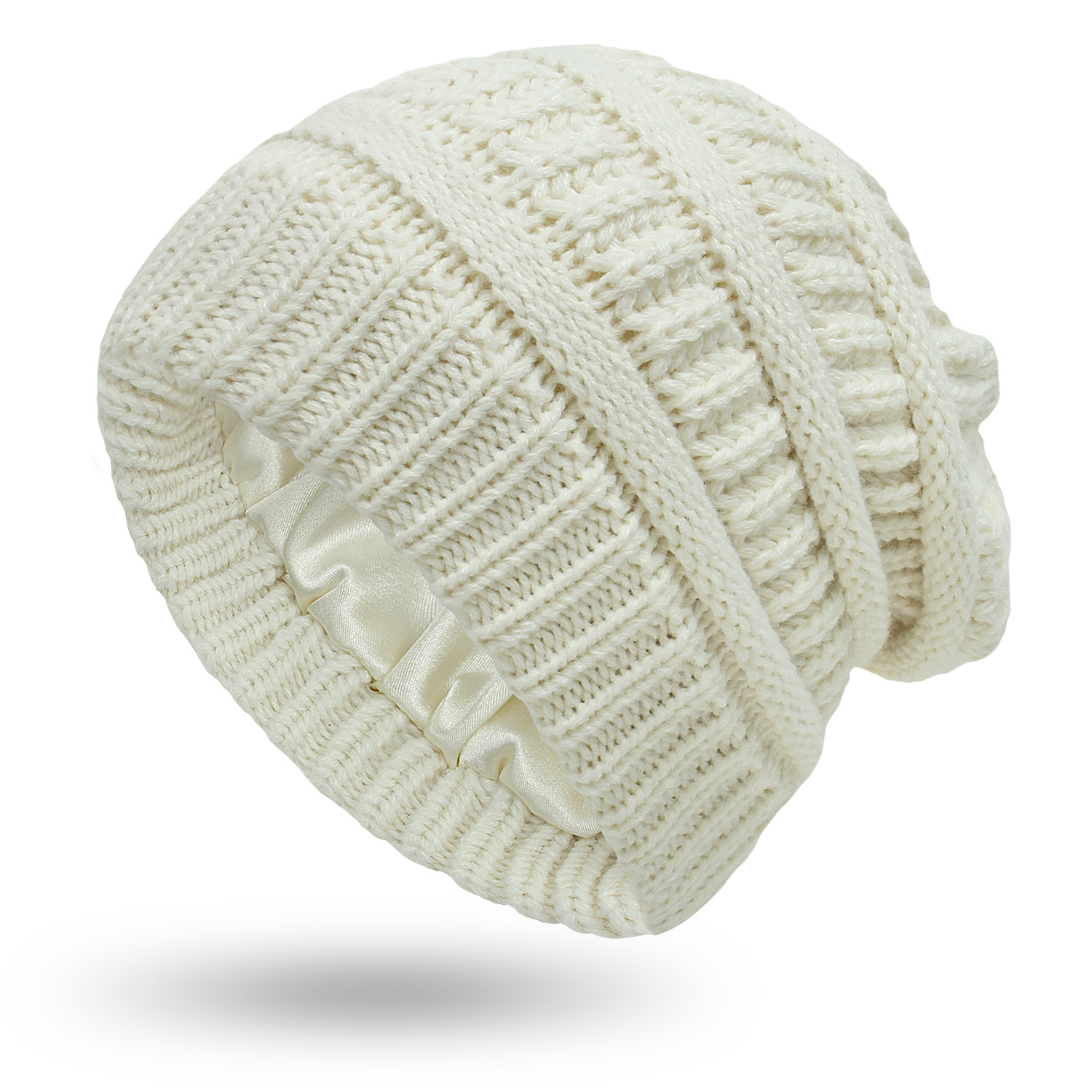 Gorro de punto cálido para mujer, gorro de punto con forro de seda satinada, gorro grueso y holgado con calavera, 9 colores, de invierno, 2022: Blanco