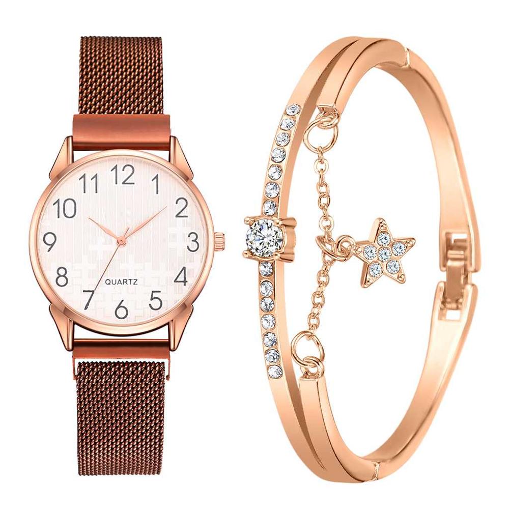 Ensemble de 2 montres pour femmes avec bracelet en maille magnétique et aimant en or, montres à quartz à chiffres arabes pour femmes: Service à café