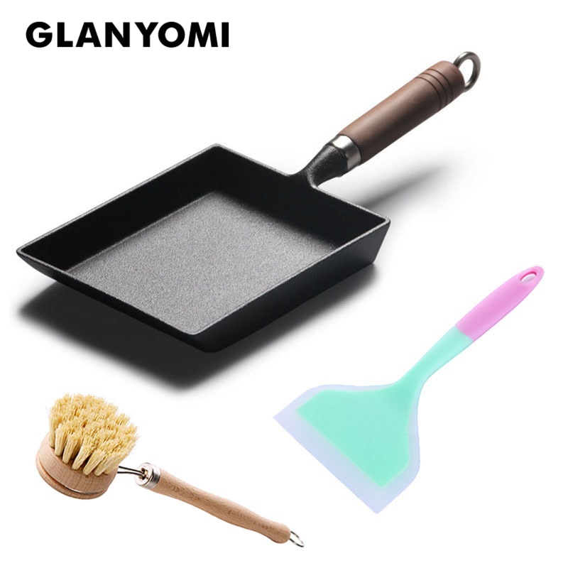 Sartén de hierro para freír 3 uds, girador antiadherente y cepillo de limpieza de Sisal, tortilla gruesa, sartén para huevos, minisartén rectangular de hierro fundido Tamagoyaki