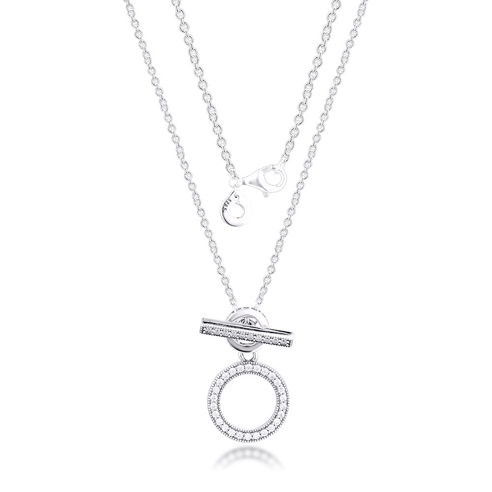 925 Sterling Silver Double Hoop T-bar Necklace Clear CZ Chain Pendant Necklaces for Women Fine Jewelry collier