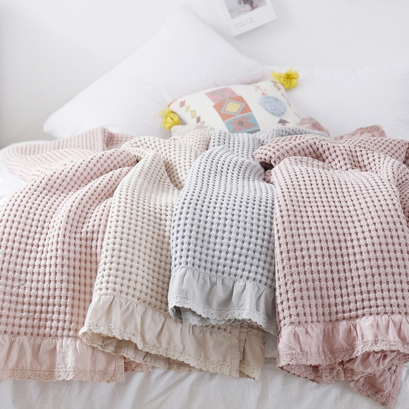 Couvre-lit en mousseline de coton gaufré, couvre-lit d&#39;été en dentelle, respirant, gris, rose, doux et , Plaid sur le lit, le canapé