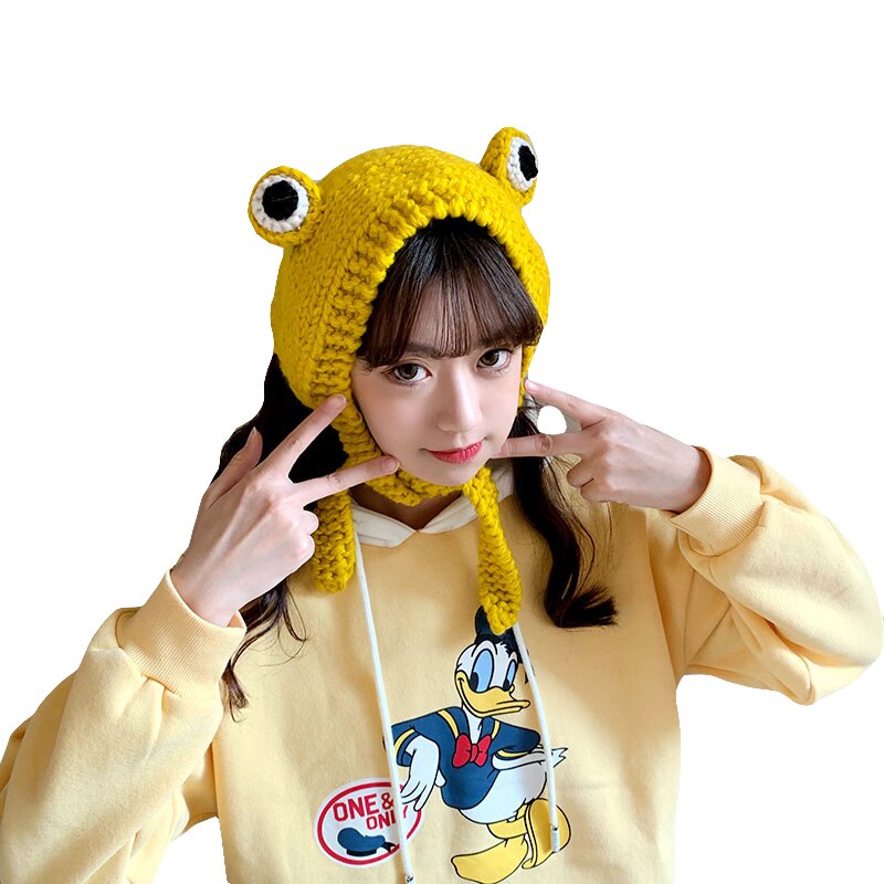 Cute Big Eyes Frog Hat Woman Woolen Knitted Hat Outdoor Hat Short Winter Children Long Hat Korean Student Hat Christmas: YW