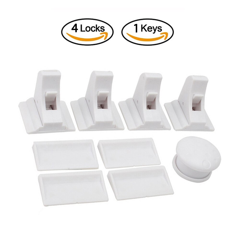 4 cerraduras + 1 llave cerradura magnética Protección infantil Cerradura de seguridad para bebés pestillo de cajón cerraduras de puerta de armario seguridad magnética de seguridad infantil: PJ3214A-1