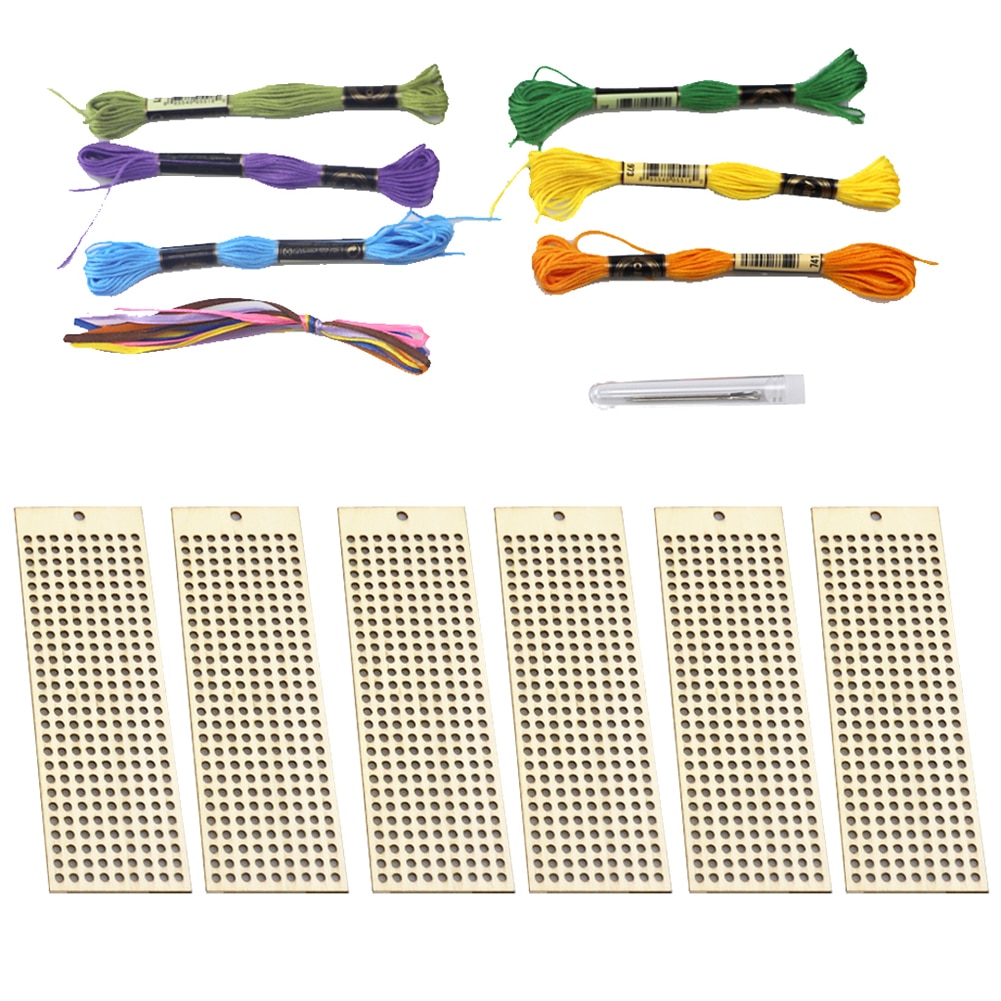 6Pcs Wood Rectangle Bookmark Cross Stitch Embroidery DIY Material Children Craft Art Kit Home Decoration Pendant Crafts
