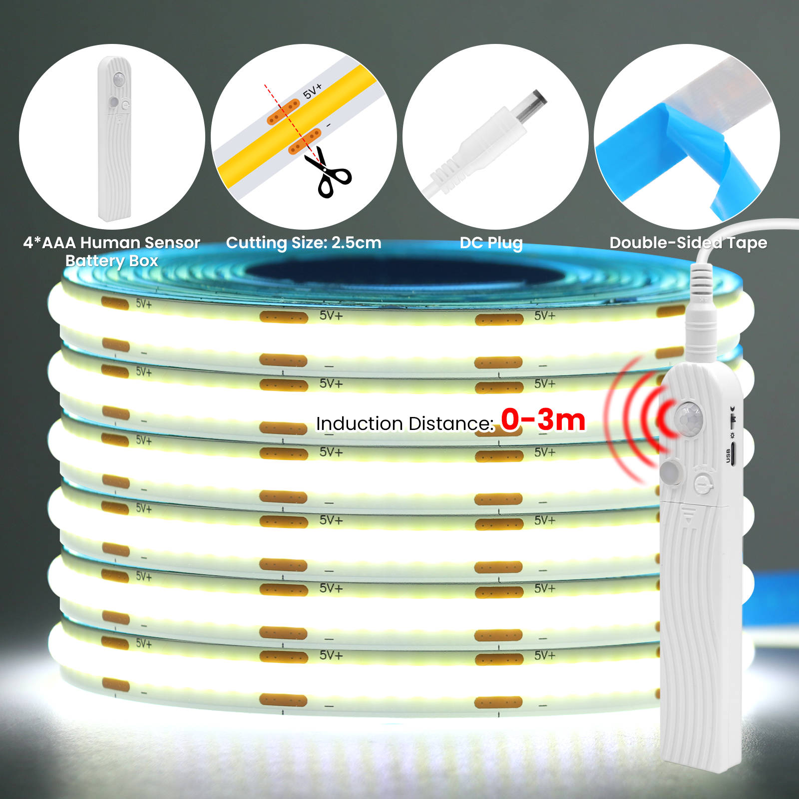 Tira de luces LED COB con Sensor humano, batería 4AAA, cinta LED Flexible regulable de 5V con cinta adhesiva para retroiluminación de armario y dormitorio: Blanco / 5 m
