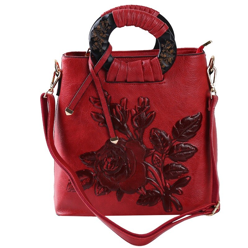 Sac à main rétro à motif de fleurs rouges pour femmes, asymétrique épaule, sacoche en cuir gaufré, sacoche seau, sacoche chinoise,