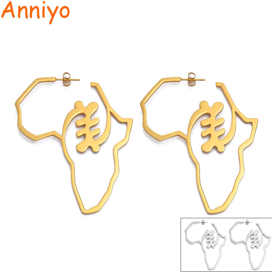 Anniyo Bigger Africa Map Earrings Gold Color Stainless Steel Adinkra Nyame Big Earrings Stud Ethnic large Jewelry Symbol #131221