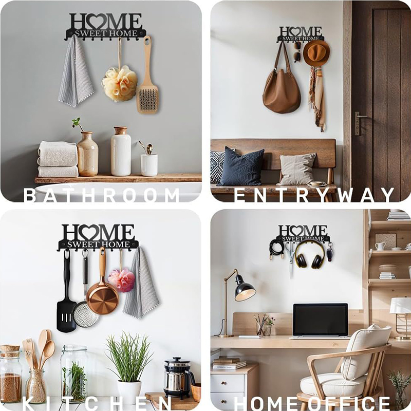 Nøkkelkroker i metall, veggmontert, sweet home, vegghenger, jernkunstdekor, vegghengt klesstativ til inngangsdør, kjøkken, soverom