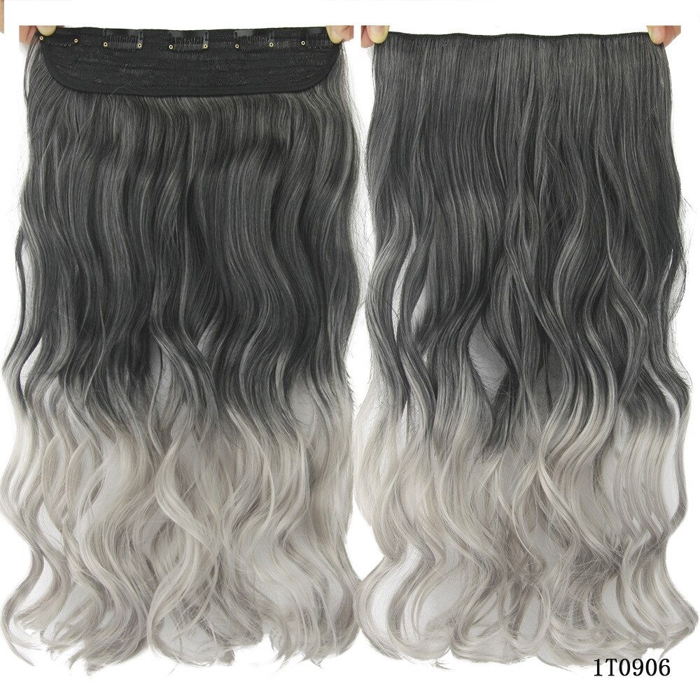 Gres Women 24inch Long 5 Clip-in Hair Pieces Wavy Grey Ombre Synthetic Hair Extensions High Temperature Fiber Smoky Gray Color