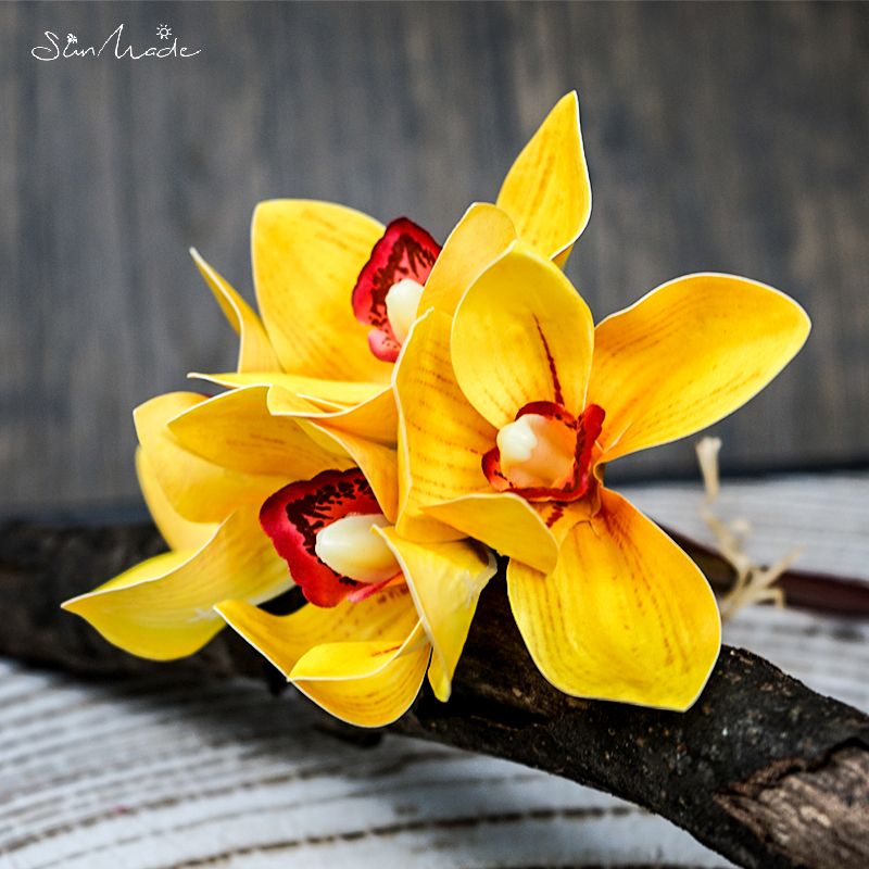 SunMade-ramo de orquídeas blancas de lujo, decoración para el hogar, decoraciones de otoño, Flores Artificiales, bricolaje, 4 Uds./lote