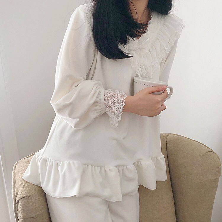 Herbst Winter frauen Lolita Flanell Rüschen Schlafanzug setzt. spitze Spitzen + Hosen. Jahrgang Damen Mädchen Schlafanzug einstellen. nachtwäsche Loungewear: Weiß / L