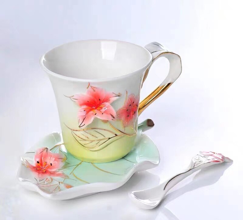 Keramik Tasse Elstern Pflaume Blüte Emaille farbe Kaffee Tasse mit Untertasse und Löffel Europäischen Kreative Tee tassen Tee tasse einstellen: Tiefe Blau