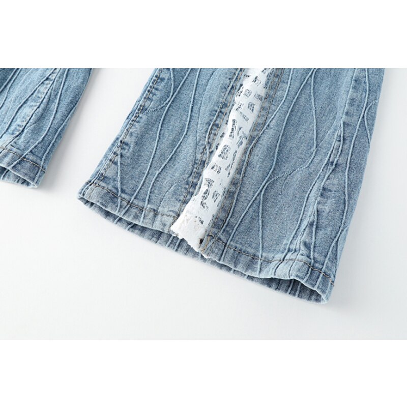 Jean évasé à plis en dentelle pour femmes, pantalon en Denim, Texture, taille haute, coupe Slim, droit, à fond de cloche