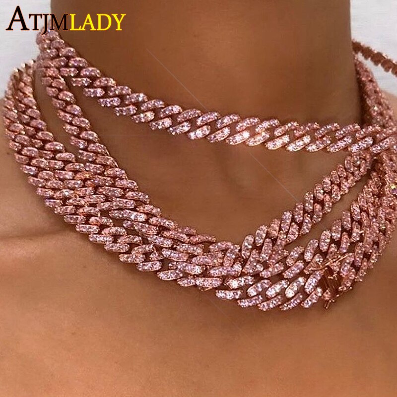 12mm Micro Pave CZ Cuban Link Necklaces pink Luxury Bling Bling choker Jewelry iced out bling zircon rock punk women men jewelry