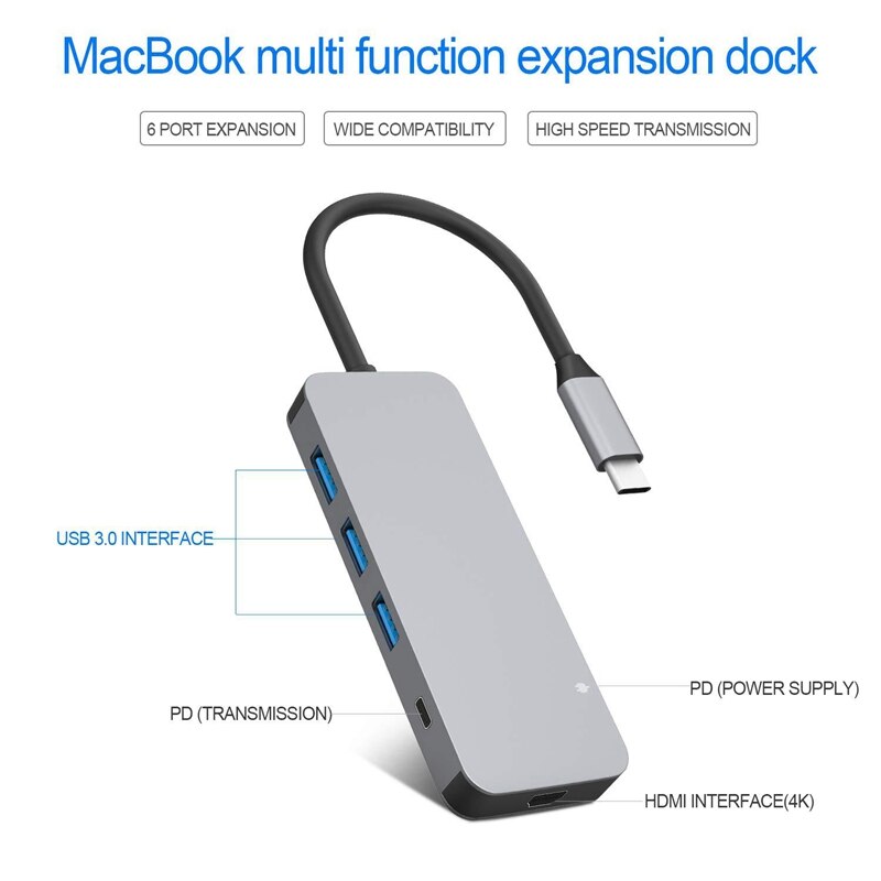 Estación de acoplamiento USB C 6 en 1, adaptador de TYPE-C, HDMI, Compatible con PD, adecuado para todos los dispositivos USB C, PC, tableta y teléfono móvil