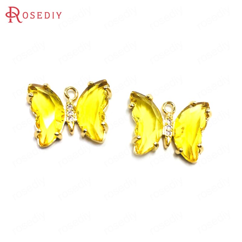 Breloques papillon en laiton, Zircon et verre, 15x20MM 24K, couleur Champagne or, pendentifs, fournitures pour la fabrication de bijoux, résultats de bricolage, 10 pièces: Yellow