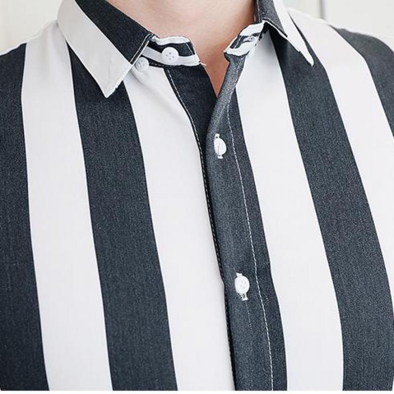 Bredstribet herreskjorte strygefri langærmet business ungdomsskjorte enkeltradet fuld slim fit skjorte herre