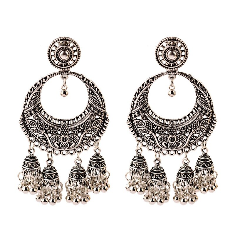 Ethnic Women&#39;s Silver Color Round Flower Hollow Jhumka Stud Earrings Boho Indian Jewelry Egypt Carved Tassel Earrings Femme: 162-2