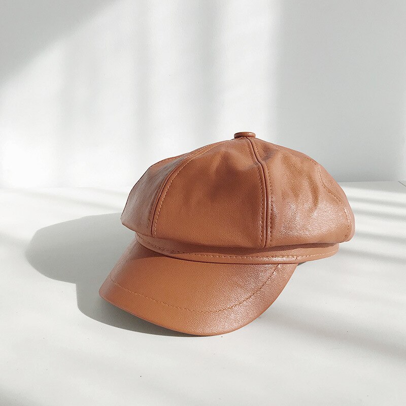 Groene Winter Achthoekige Cap Meisjes Baret Hoeden Voor Vrouwen Hoeden Krantenverkoper Cap Vrouwelijke Britse stijl PU Lederen Baretten Hoed voor straat: camel