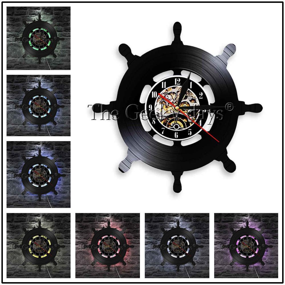 Ancre Vintage Horloge Murale Marin Marine Boussole Disque Vinyle Yachting Voile Moderne Bateau Mer Décor À La Maison Montre Led Lumière: White / 12 Inch Without LED