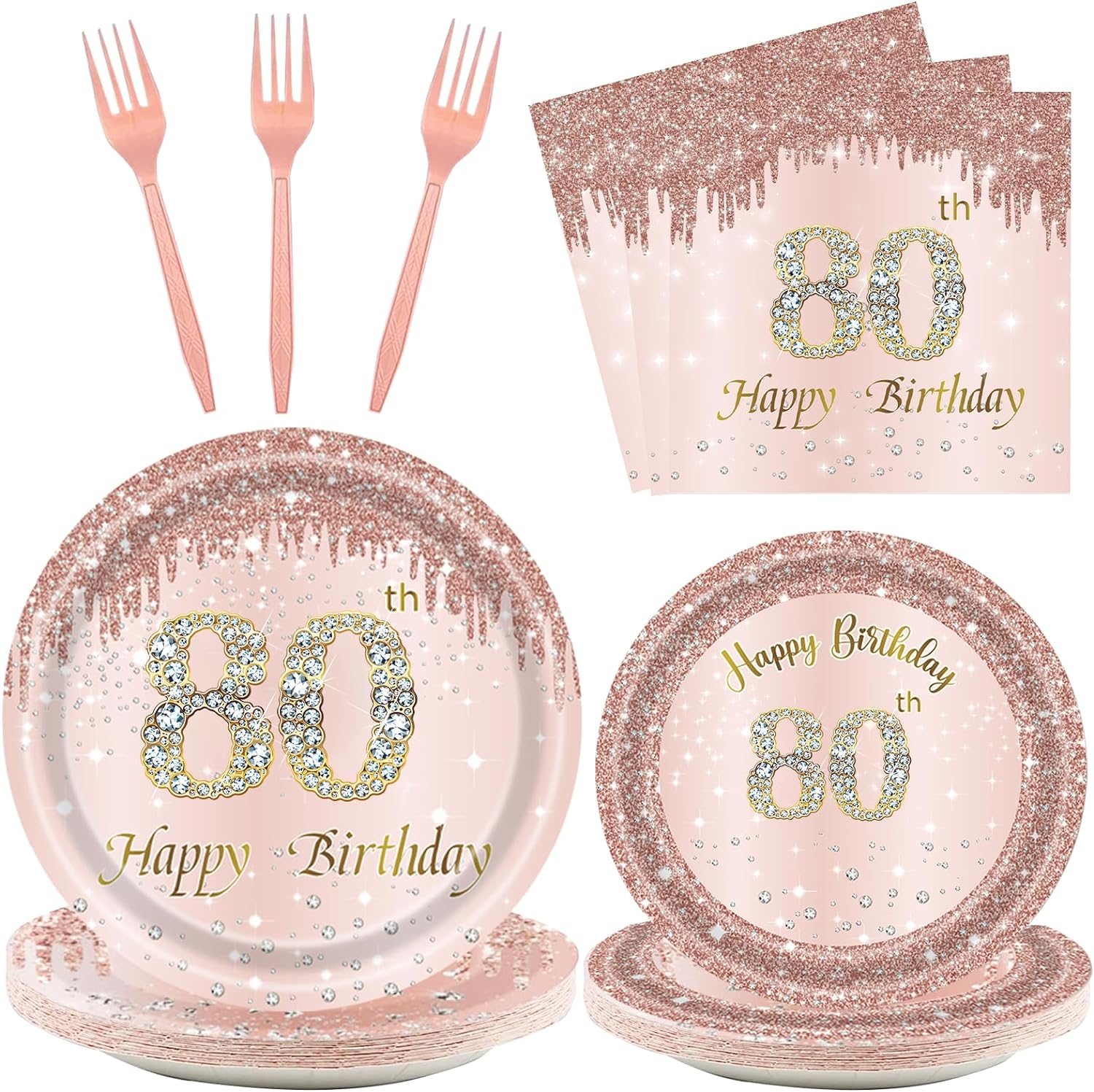 80th Rose Gold Birthday Party Decrations Women 80 Birthday Plates Napkins Forks Party Supplies 80 Year Old Birthday Disposable