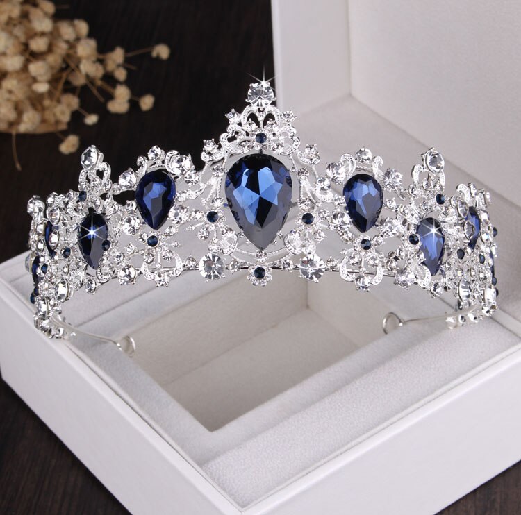 Baroque Luxury Silver Plated Blue Crystal Bridal Jewelry Sets Necklace Earring Tiara Crown Set Wedding African Beads Jewelry Set: 1Pcs Crown