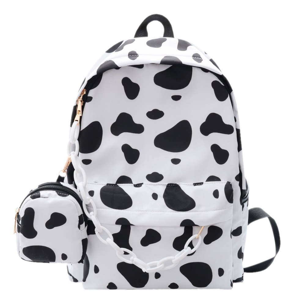 Mochila de lona para mujer, bolso de hombro con estampado de leche de vaca, de gran capacidad, escolar, para adolescentes,: Blanco