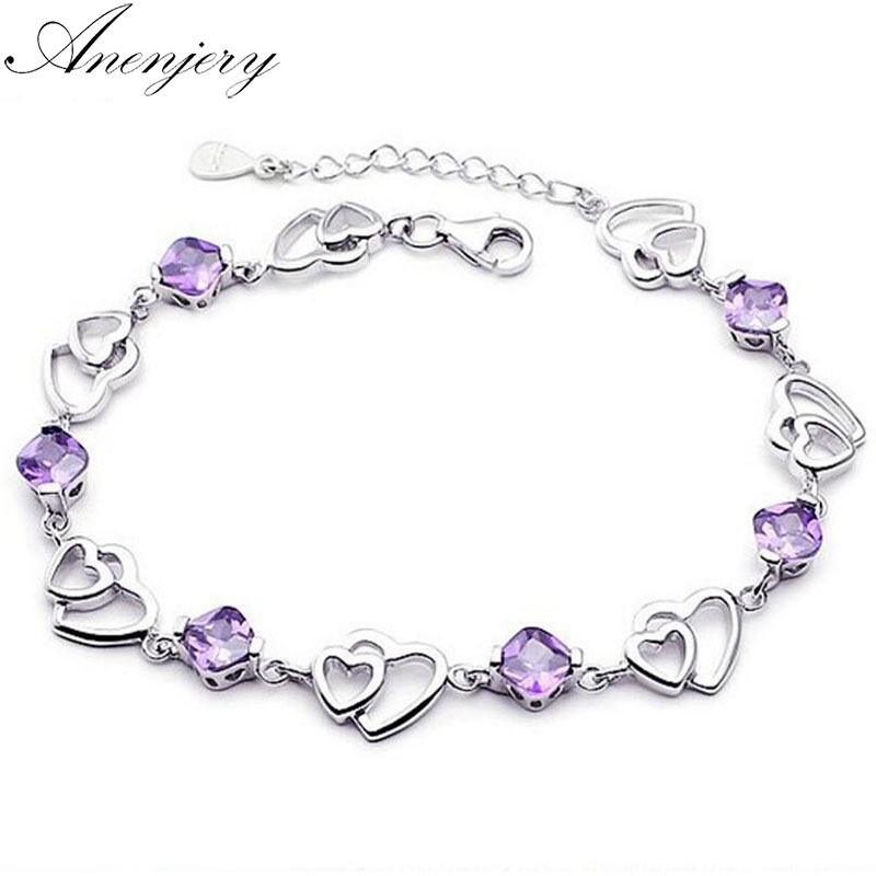 Anenjery Silver Color Bracelet For Women Double Heart Zircon Bracelet pulseira feminina S-B149